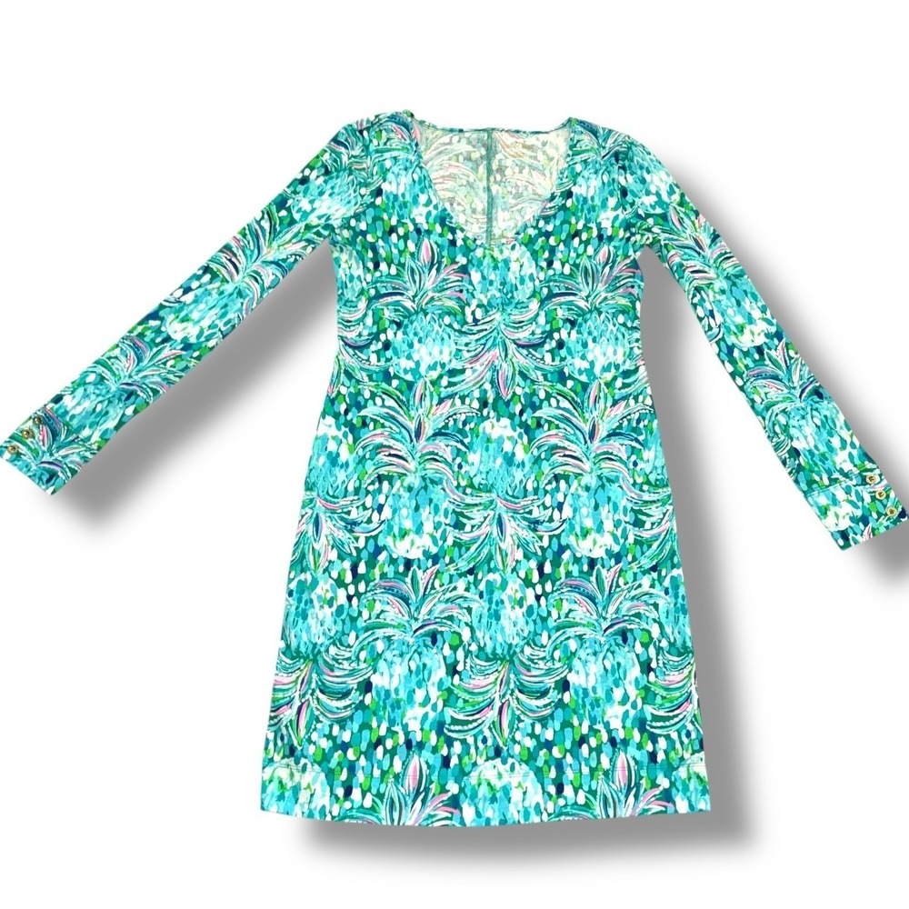Lilly Pulitzer Dress Womens S Green‎ Blue Pineapple V-Neck Long Sleeve